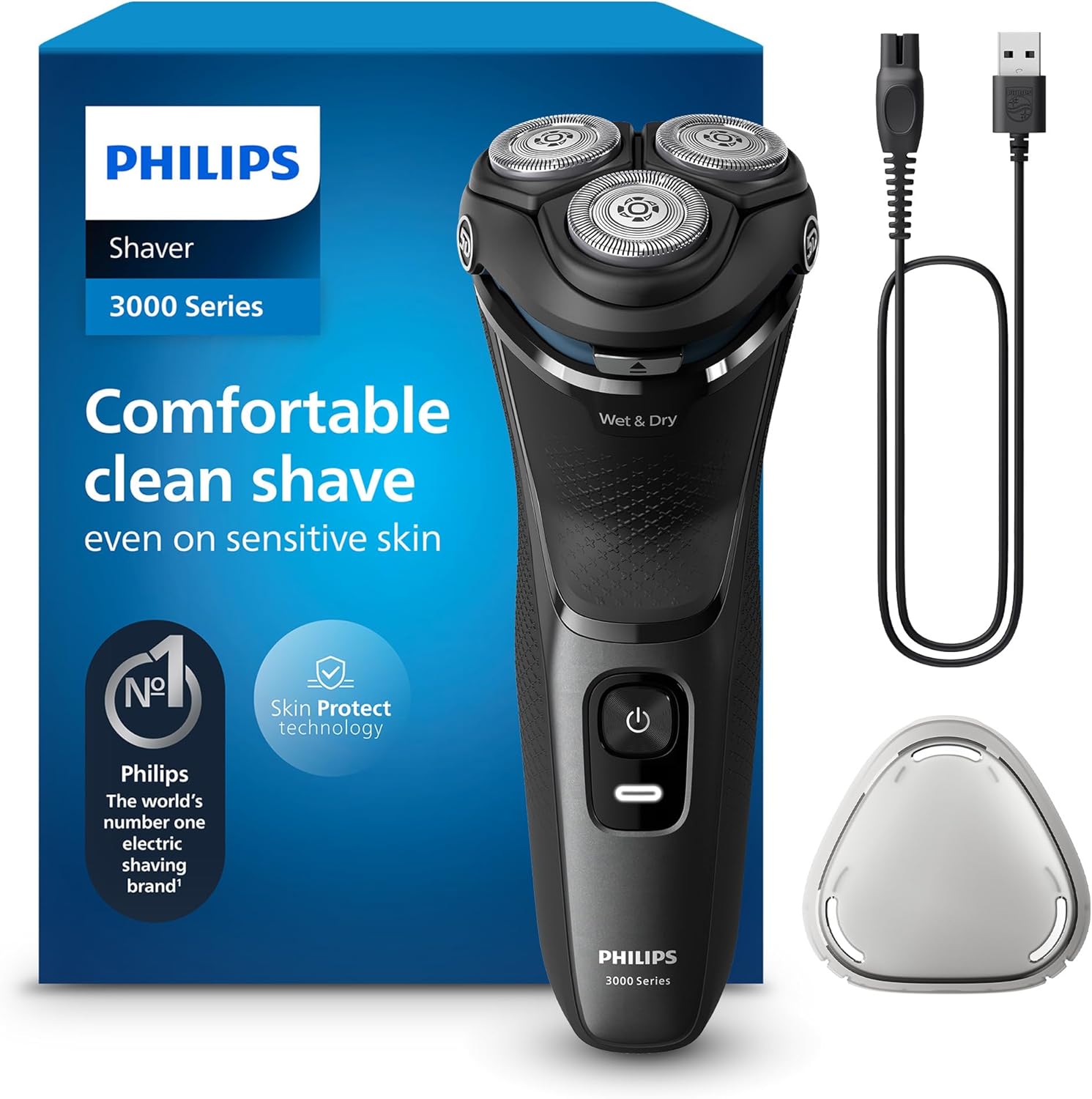 Philips Electric Shaver Series 3000 - rasoir électrique Wet & Dry pour hommes avec technologie SkinProtect, couleur Lune foncée, tondeuse à barbe rétractable, rasoir sans fil (modèle S3145/00) - Image 1