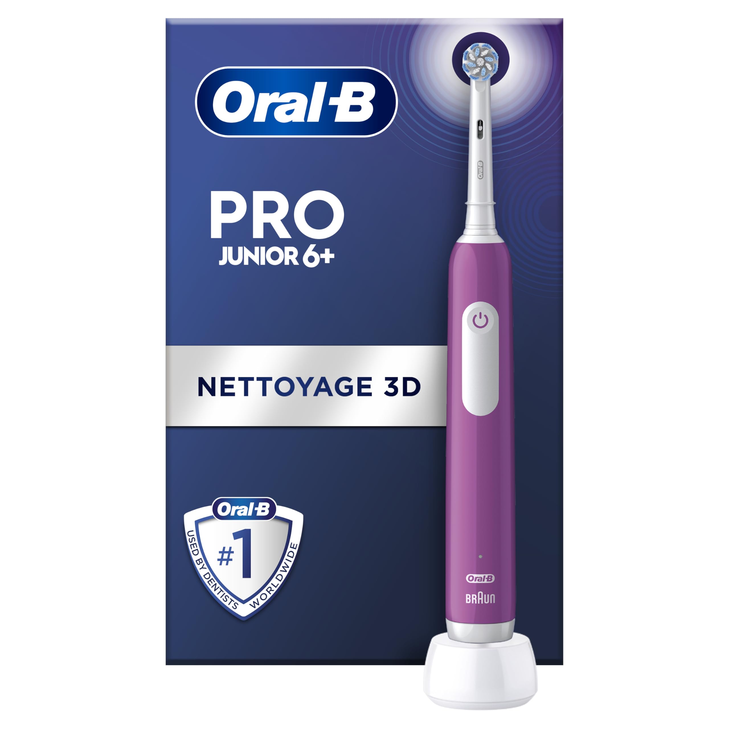 Oral-B Pro Junior Children's Electric Toothbrush, Effective yet Gentle Cleaning for Sensitive Teeth, Good Dental Hygiene For Children 6 Years +, 1 Charger, 1 Round Brush, Purple - Image 1