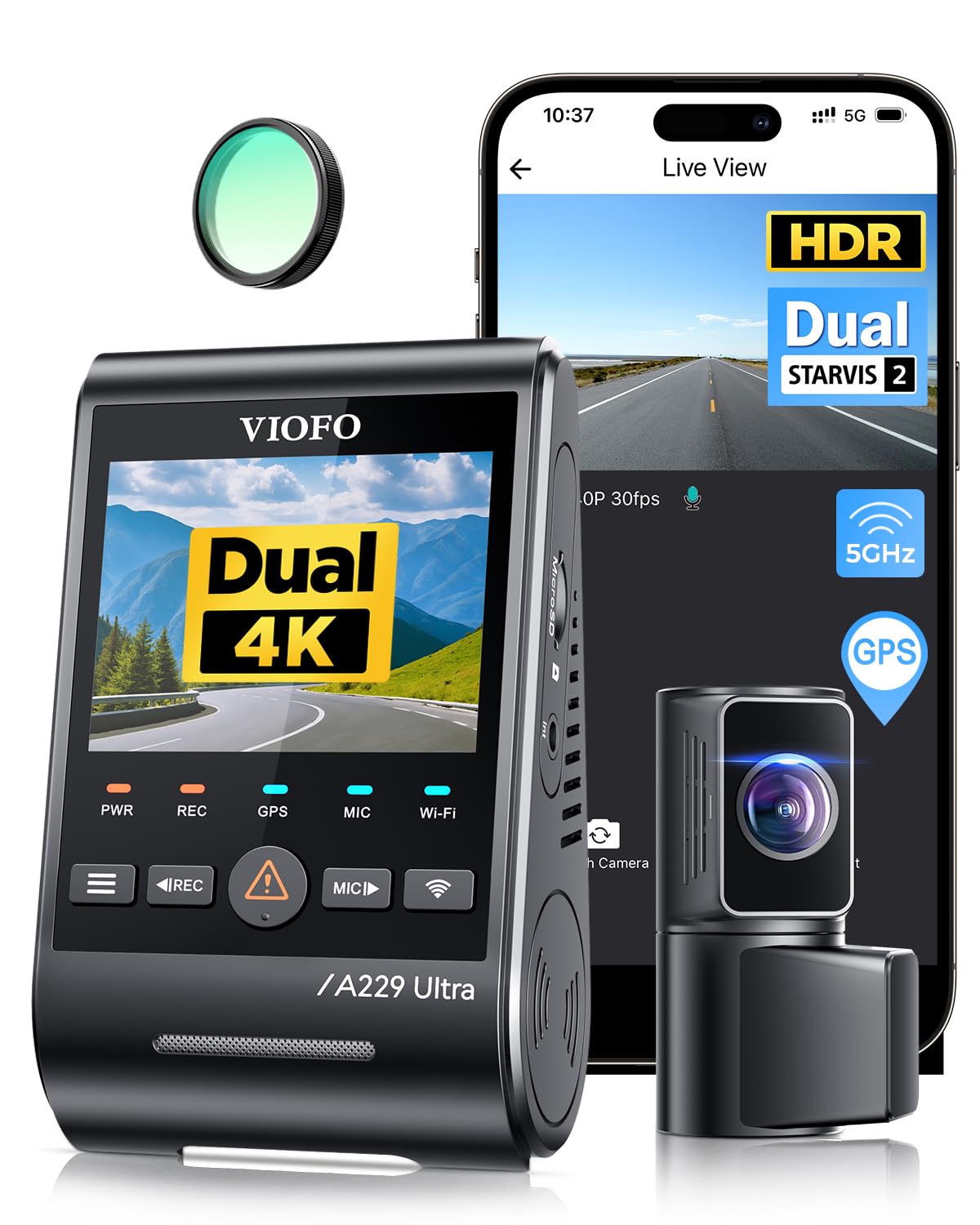 VIOFO A229 Ultra 2CH Dual 4K Dash Cam Front Rear Dual Starvis Sensor 2 IMX678 Sensors & Dual 4K HDR Car Camera, 5GHz WiFi & GPS Mobile Monitoring, Voice Control, Vision - Image 1