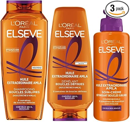 L'Oréal Paris - Nutrition Routine for Curly and Very Dry Hair - Nourished Curls - Enriched with Amla Oil - 3 Products - Shampoo, Detangling, Defining Cream - Elsève Extraordinary Oil - Image 1