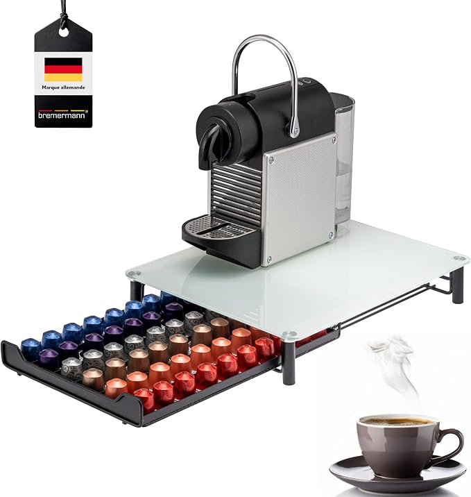 bremermann Coffee Capsule Box for 60 Nespresso Capsules, Drawer Box, Metal Capsule Box and Glass Tray, Capsule Dispenser Approx 31 x 7 x 40.5 cm (White) - Image 1