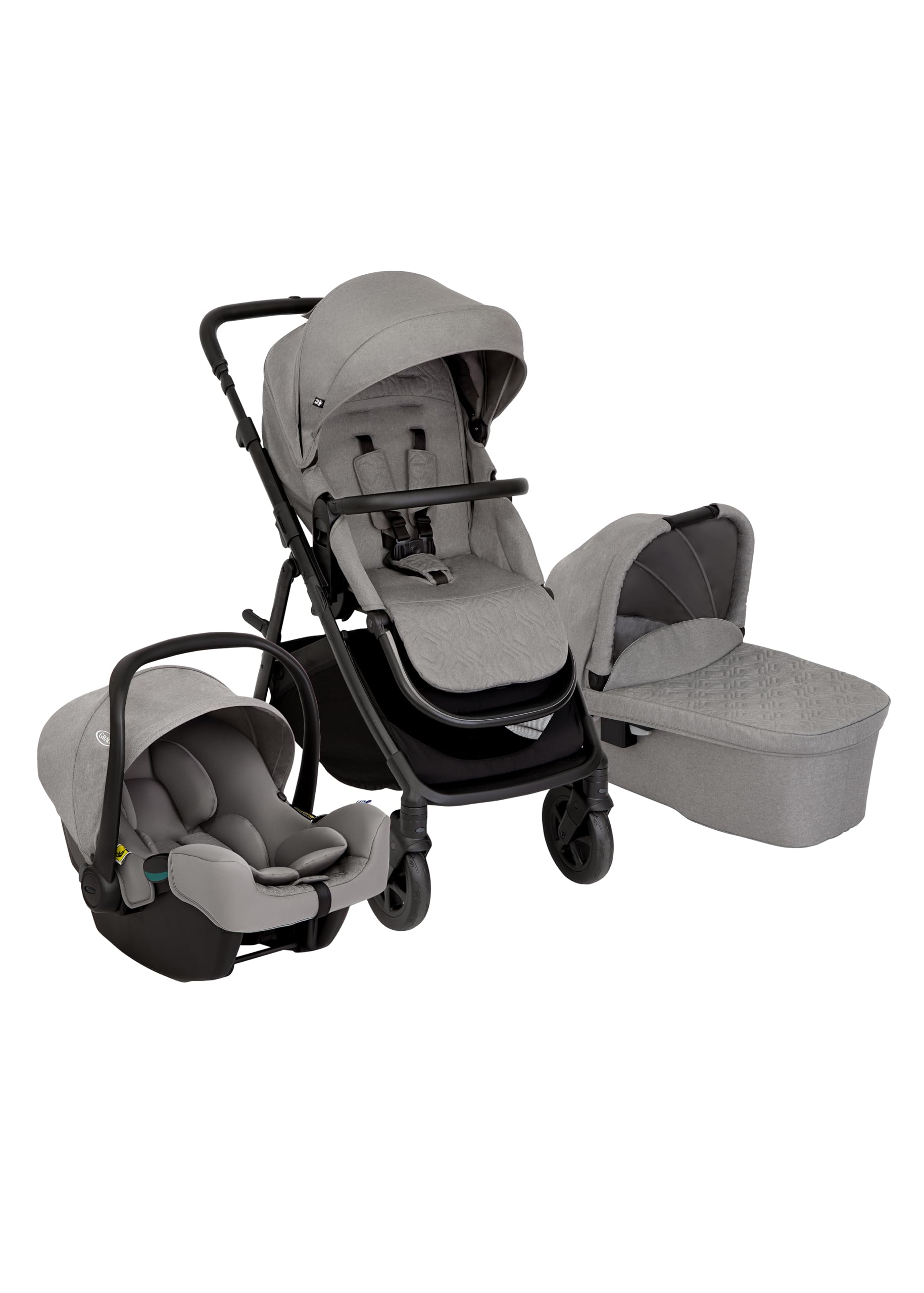 Graco Near2Me Dlx Trio, Pushchair, Baby Car Seat and Carrycot, Suitable from Age of Birth Up to Approximately 4 Years (Max 22 kg), Height Adjustable Slide2Me Seat, Grey, Ash - Image 1