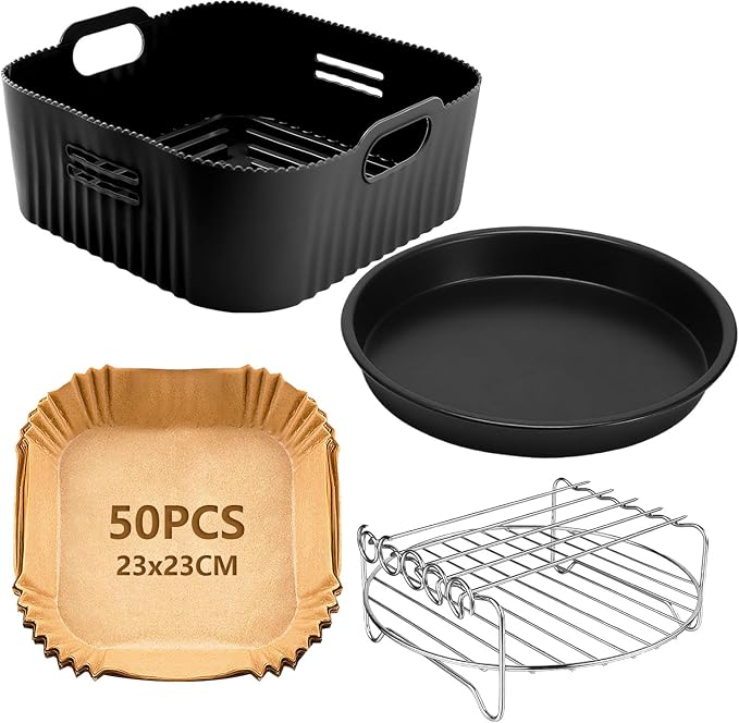 YINGRACE 23 cm Air Fryer Accessories for Russell Hobbs XXL 8L 8.3L, Cecotec 7.6L, COSORI 6L/6.2L/6.4L, 4PCS XXL Air Fryer Mould with Grate, Pizza Tray, Silicone Mould, Baking Paper Air Fryer - Image 1