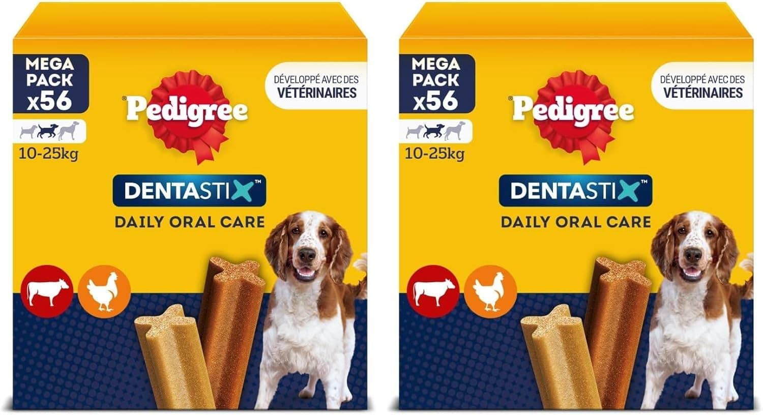 Pedigree DENTASTIX 56 Bâtonnets à Mâcher pour Moyen Chien 10-25kg, 8 Sachets de 7, Saveur Poulet et Bœuf, Détartrage Dentaire Chien, Soins Dentaires pour Chien (Lot de 2)