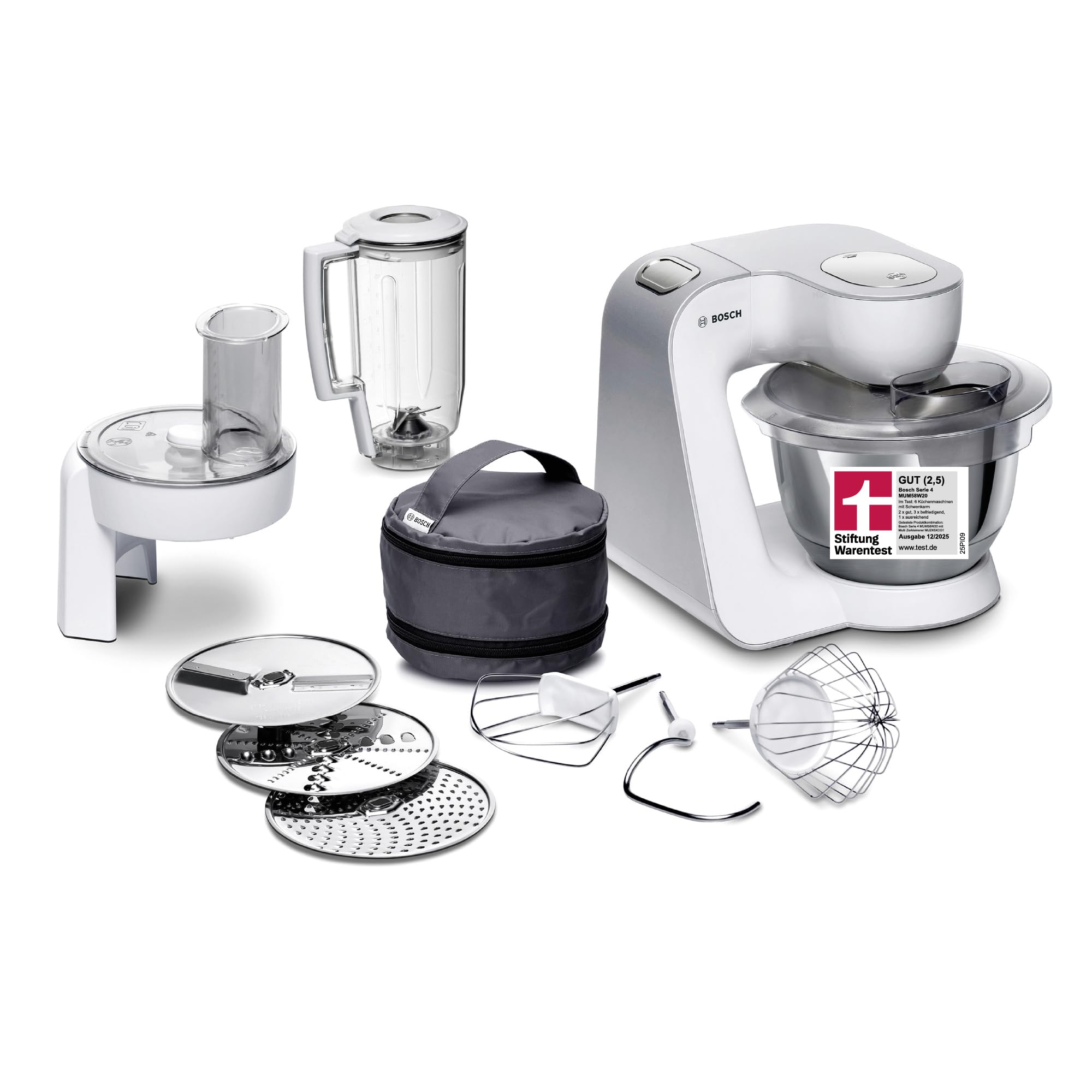 BOSCH MUM58W20 Series 4, Extra Powerful Motor Pastry Processor, 3D Planetary Movement, Mixing Bowl, 7 Speeds + Turbo, 1000 W, White/Silver - Image 1