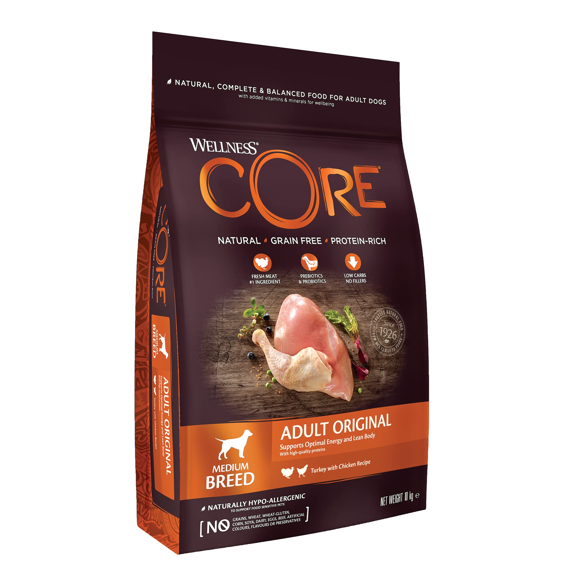 Wellness CORE Original 10 kg, Chicken/Turkey - Grain Free, Natural, Hypoallergenic, High Protein, High Meat Content, Supports Hips & Joints - Image 1