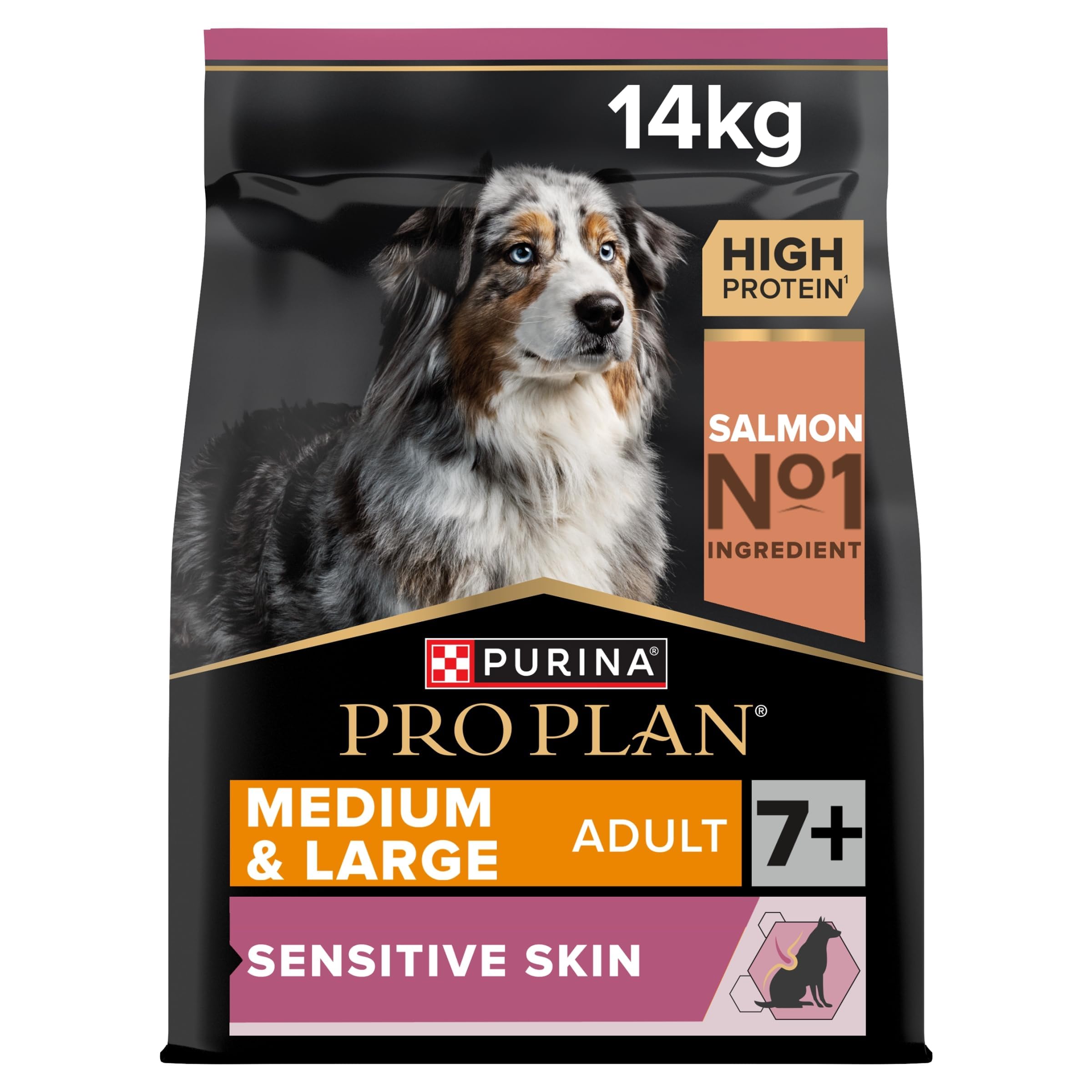 PURINA PRO PLAN | Sensitive Skin | Complete dry food for medium and large dogs over 7 years | Promotes healthy skin and shiny coat | Salmon | Dry food | Bag | 14 kg - Image 1