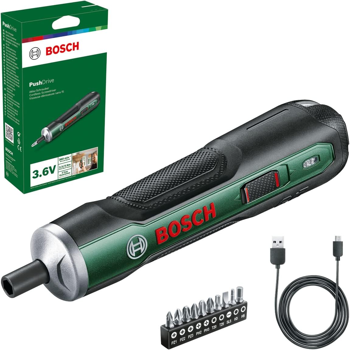 Bosch Home and Garden Bosch Cordless Screwdriver PushDrive Starter Kit (3.6V, 1.5Ah; 5.0Nm, 10 Screwdriver Bits; with Micro USB Charger Cable; Comes in a Box) - Image 1