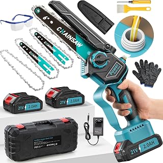 Mini Chainsaw Battery 4000 mAh, 6 Inches 1000 W Brushless Electric Chainsaw with Automatic Greaser, 3 Chains, 2 Batteries 2000 mAh, Battery Pruner Compatible with Makita - Image 1