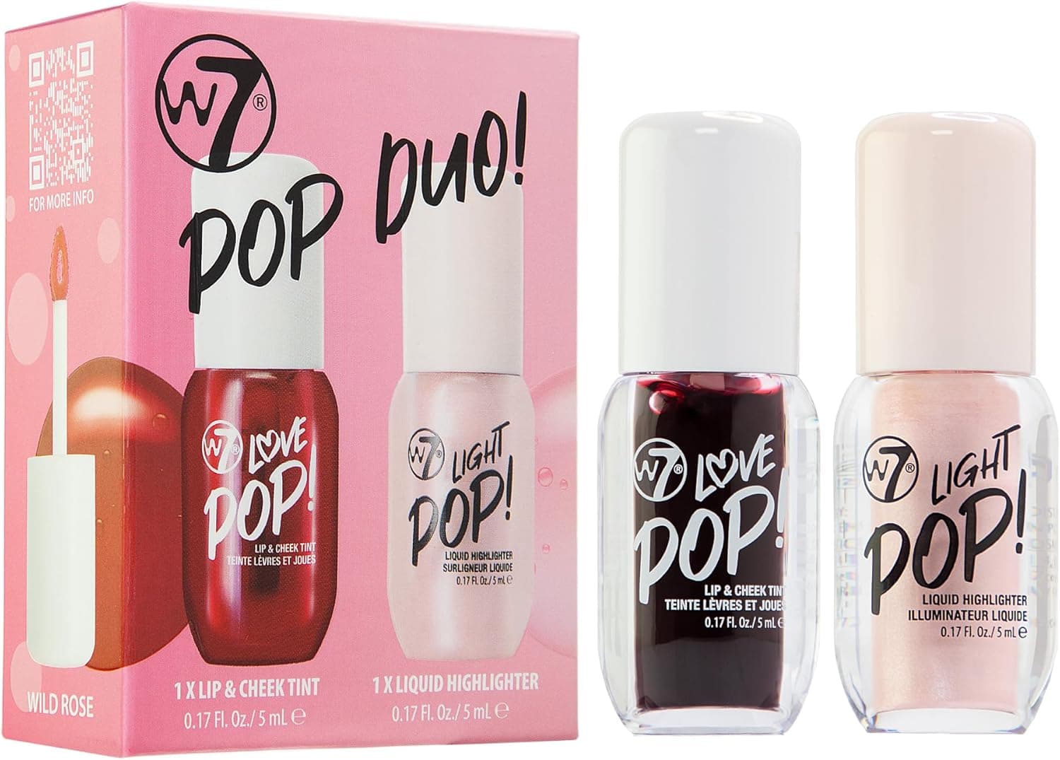 W7 Pop Duo Makeup Gift Set - Love Pop Lip & Cheek Tint + Light Pop Liquid Highlighter - Buildable Color Juicy Tint & Glow - 2 x 5ml