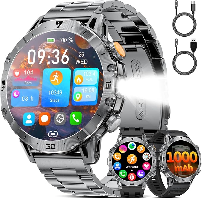 SUNKTA Men's Smart Watch 1000 mAh Large Battery 1.7 Inch HD Bluetooth Calls Smartwatch for iOS Android LED Lamp, Health Monitoring, Sleep Monitor, 3 Bracelets, 2 Chargers, Black - Image 1