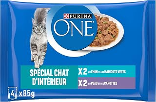 PURINA ONE | BIFENSIS | Spécial Chat Stérilisé d'Intérieur | Effilés en Sauce | Aide à contrôler le poids, et limiter la perte excessive de poils | Thon, Veau | Sachets Fraîcheur | Lot de 12 (4 x 85g) - Image 1