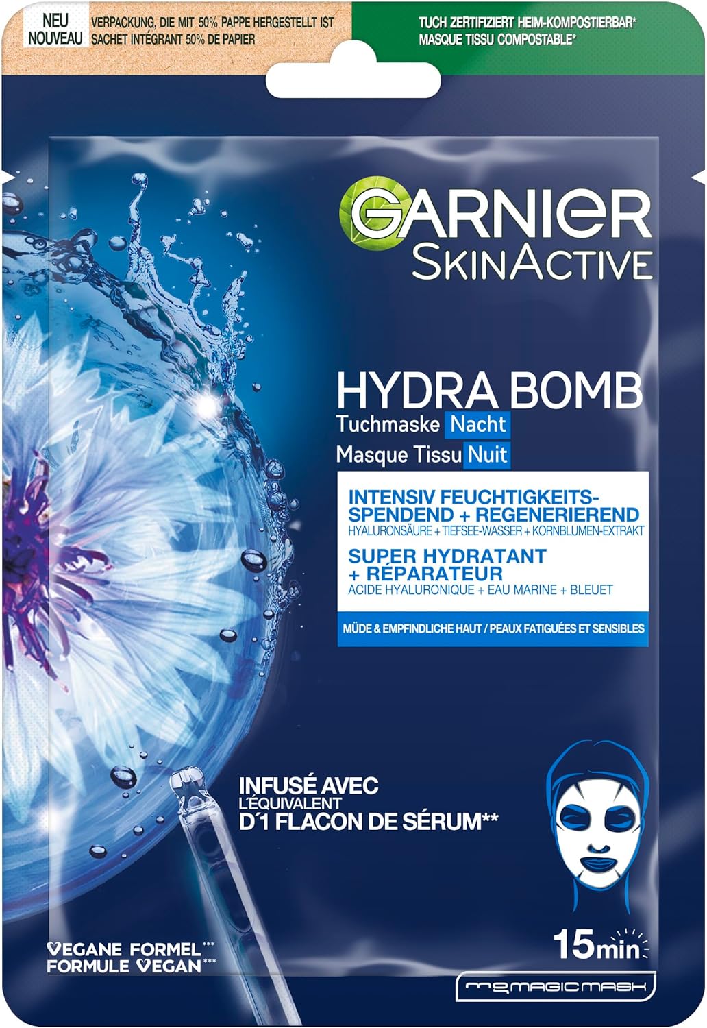 Garnier SkinActive Masque tissu NUIT réparateur Bleuet + Eau marine + Acide hyaluronique - Image 1