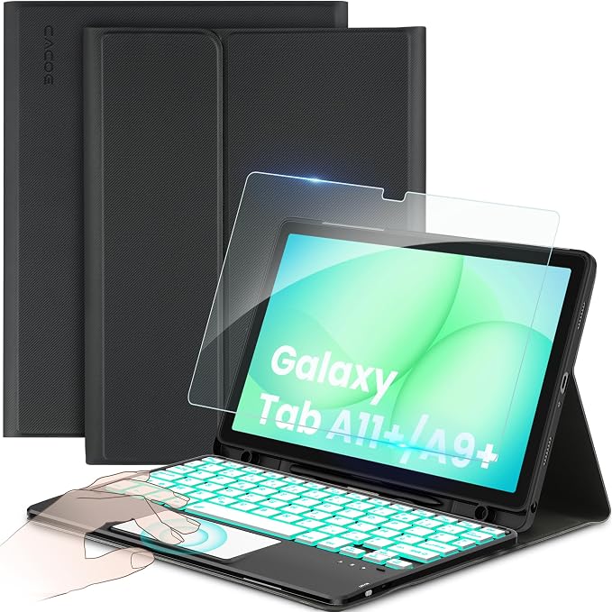 CACOE Keyboard Case Compatible with Samsung Galaxy Tab A11 Plus / А9 Plus 2025/2023 11 Inch with Touchpad, 7 Colour Lighting Removable Wireless AZERTY Keyboard, Black - Image 1