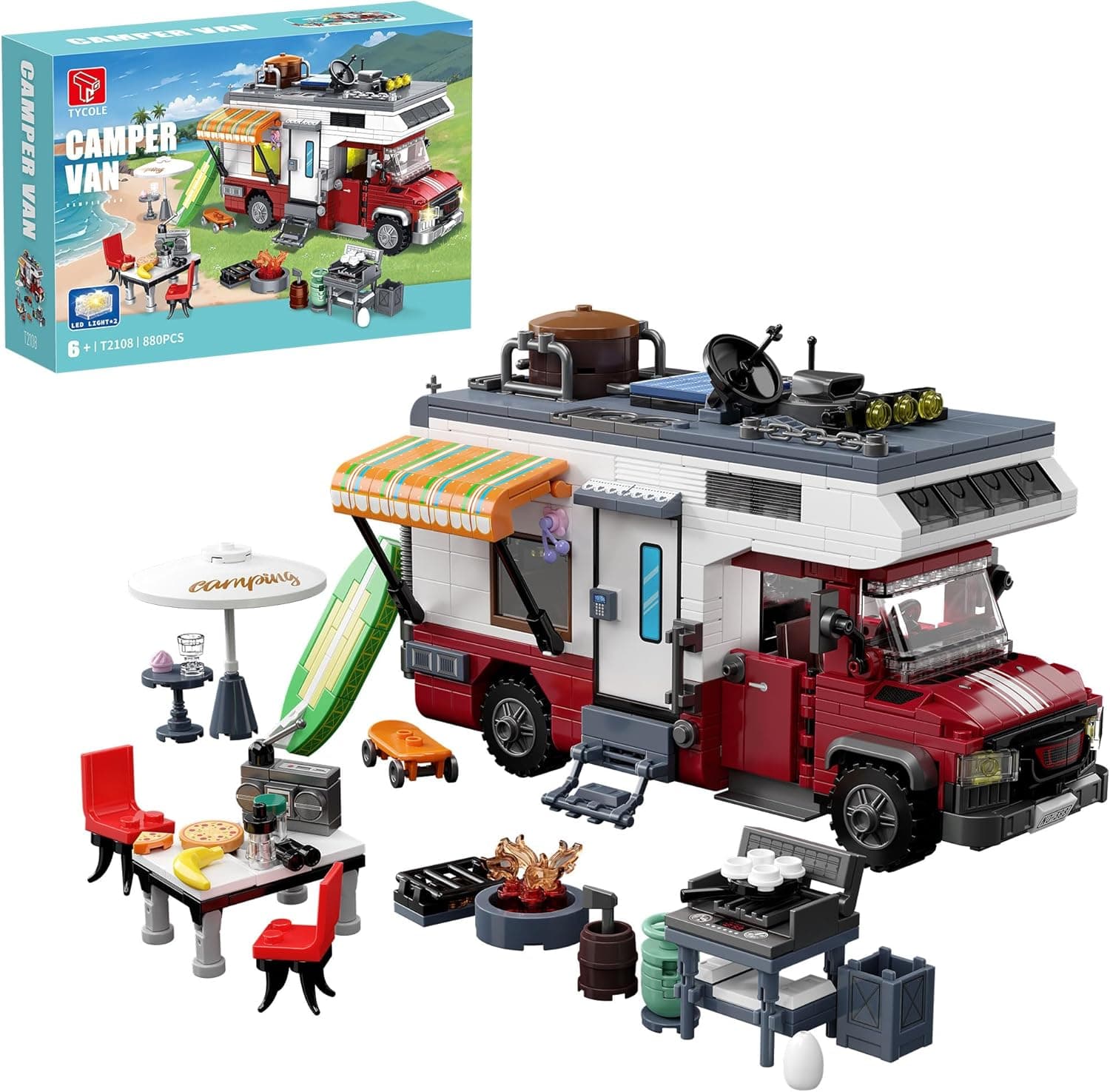 Jeu de Construction Véhicule de Camping Car 880 Pièces Maquette Voiture d'Aventures City avec Lumières et Accessoires Créative Cadeau Jouet pour Enfants Garçons Filles Dès 6 Ans