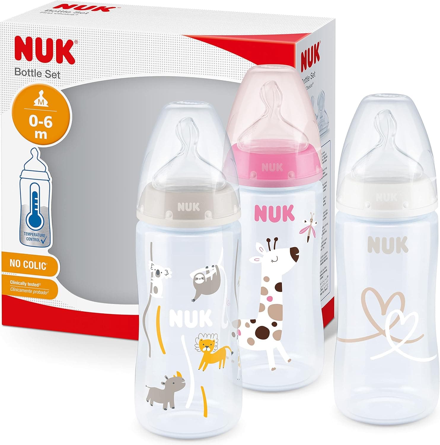 Nuk First Choice+ Baby Bottles 0-6 Months Temperature Control Anti-Colic 300 ml BPA Free Silicone Teat Pink Giraffe 10225265 Set of 3
