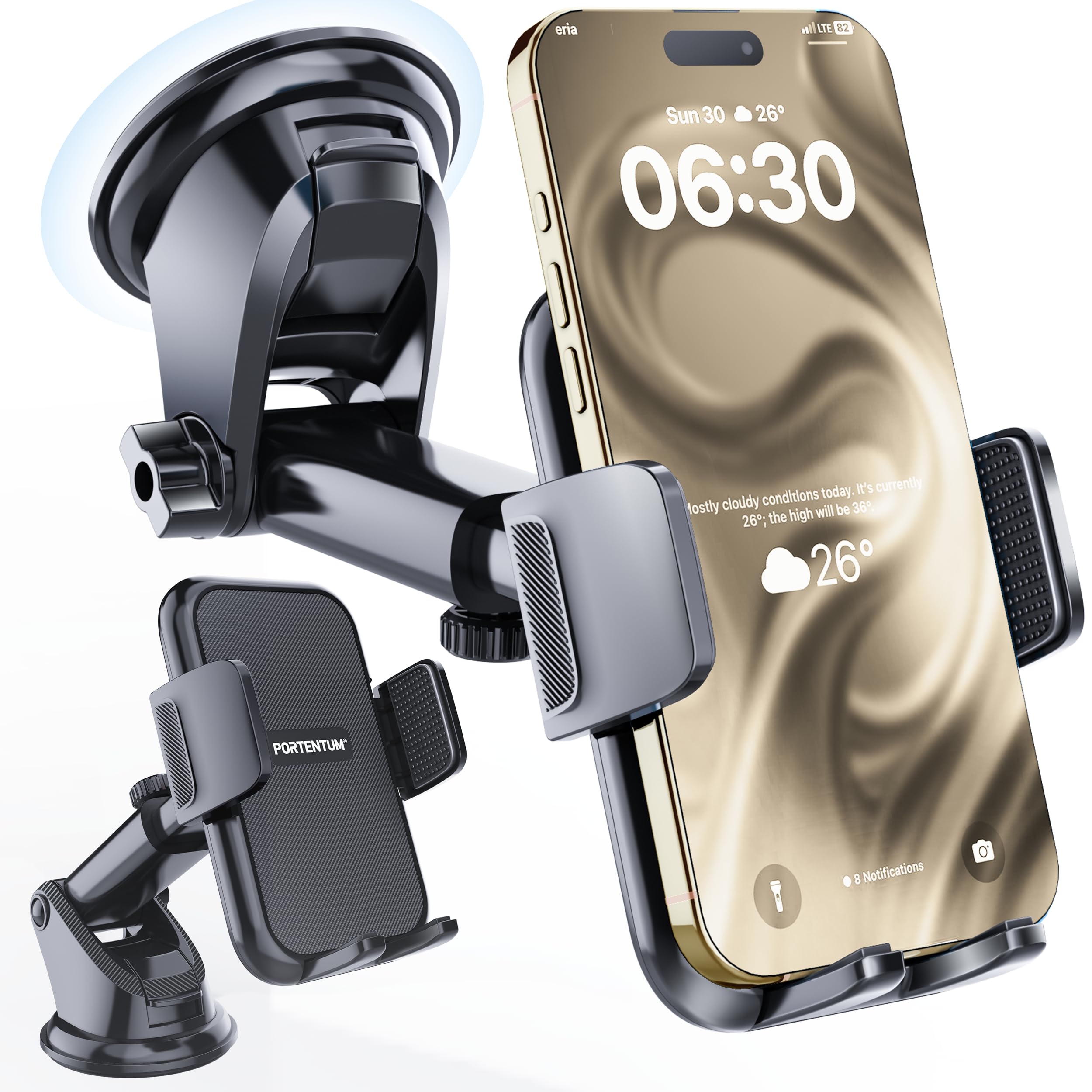 PORTENTUM Reinforced Suction Cup Car Phone Holder – New Version 2026 – 360° Rotation and Extendable Arm – Dashboard and Windscreen Attachment – Compatible with all 4 to 7.5 inch Mobile Phones - Image 1