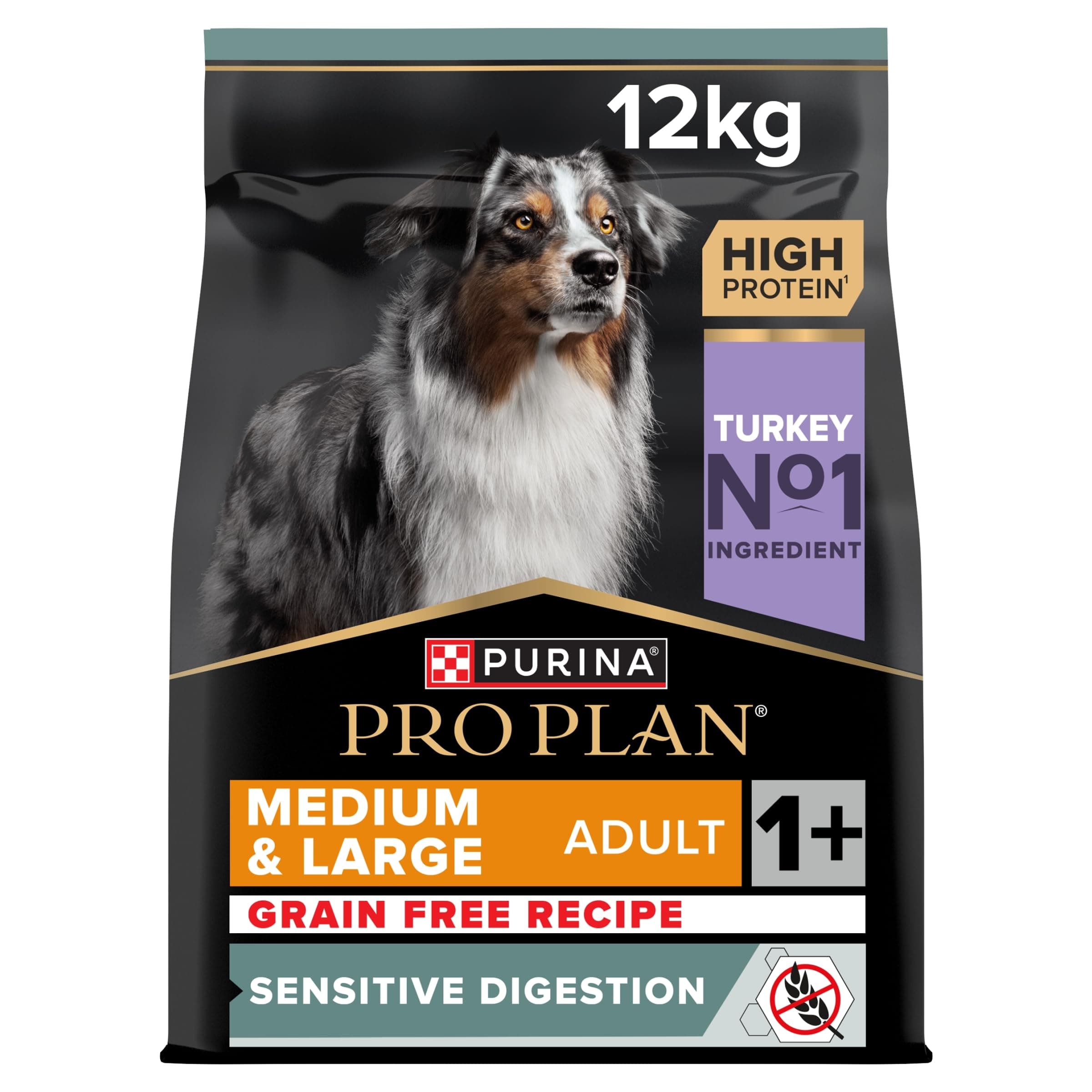 PURINA PRO PLAN | Sensitive Digestion | Whole Grain Free Dry Food for Adult Large and Medium Dogs with Sensitive Digestion | Promotes a Healthy Digestion | Turkey | Bag | 12 kg