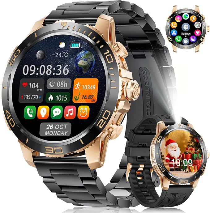 LIGE Men's Smart Watch with 800 mAh, 1.43 Inch AMOLED Business Smartwatch with Bluetooth Calling, 200+ Sports Modes, Heart Rate, SpO2, Sleep Monitoring for Android iOS Black on Gold - Image 1