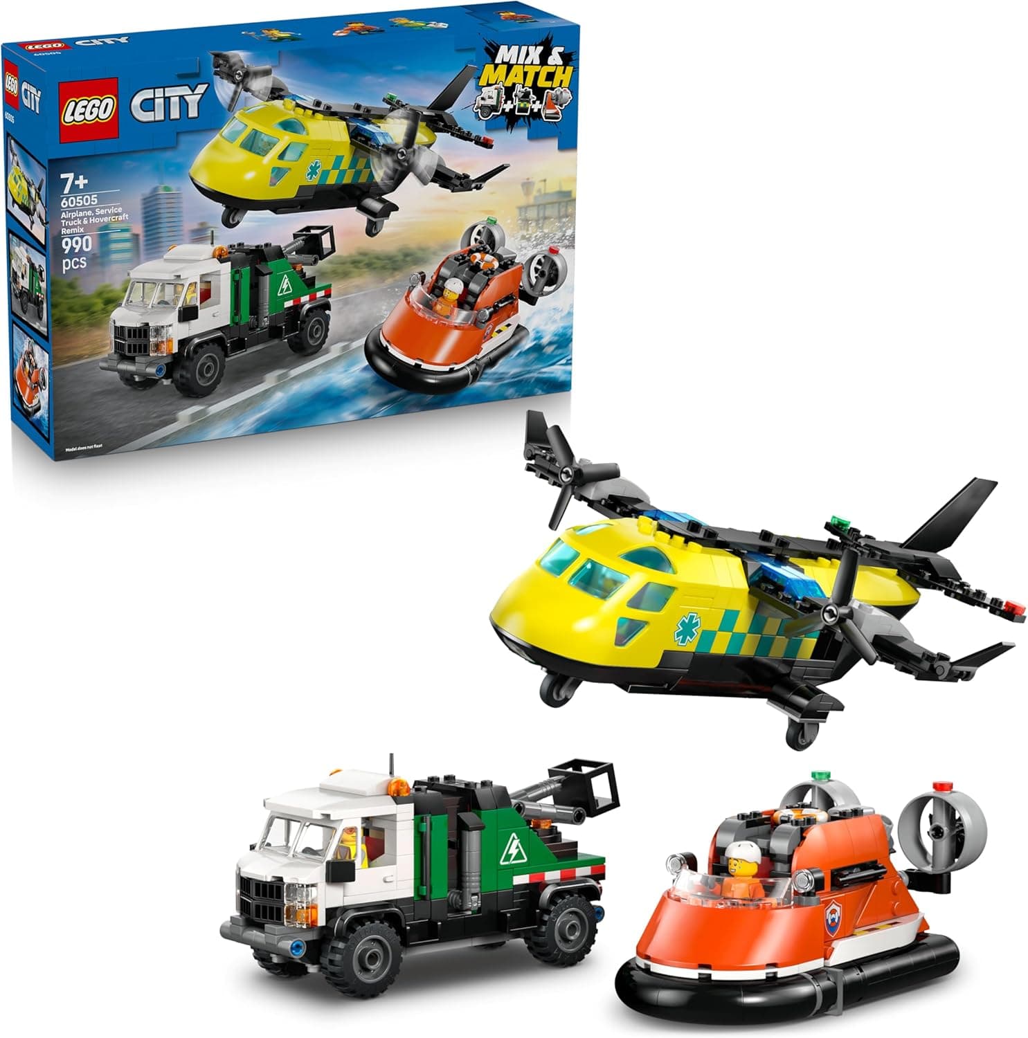 LEGO City 3-en-1 Avion, Camion d’Assistance et Aéroglisseur Modulable - Jeu de Construction - Maquettes de Véhicules de Secours à Combiner - 3 Minifigurines - Idée Cadeau STEM pour Garçon 7 Ans 60505