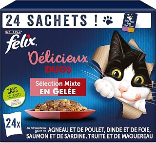 FELIX | Délicieux Duos | En Gelée | Chat Adulte | Sélection mixte : Agneau et Poulet, Dinde et Foie, Saumon et Sardine, Truite et Maquereau | Sachets Fraîcheurs | Lot de 4 ( 24 x 85 g) - Image 1
