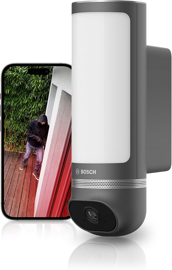 Bosch Smart Home - Caméra extérieure II, caméra de surveillance extérieur, résolution 1080p Full HD avec sirène d’alarme intégrée et lampe design, compatible avec Amazon Alexa, gris anthracite - Image 1
