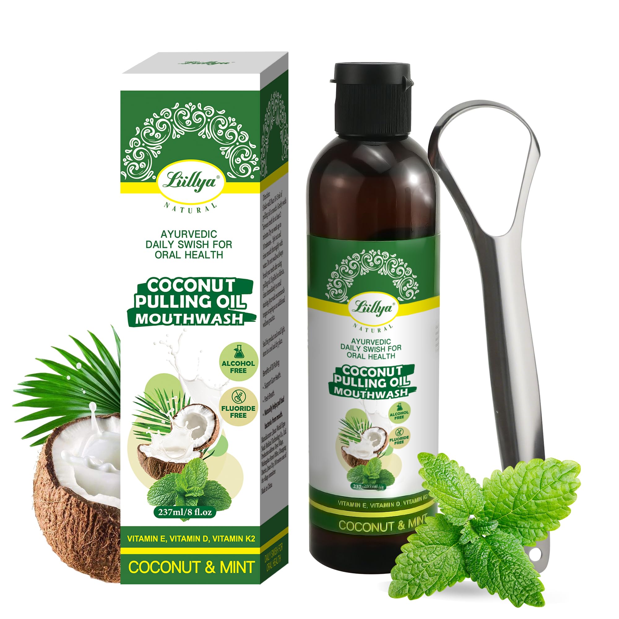 Natural Mouthwash with Organic Coconut Oil & Peppermint, 6 Essential Oils, 3 Vitamins, Reduces Bad Breath, Fresh Breath, Gum Care, Alcohol and Fluoride Free, 236 ml - Image 1