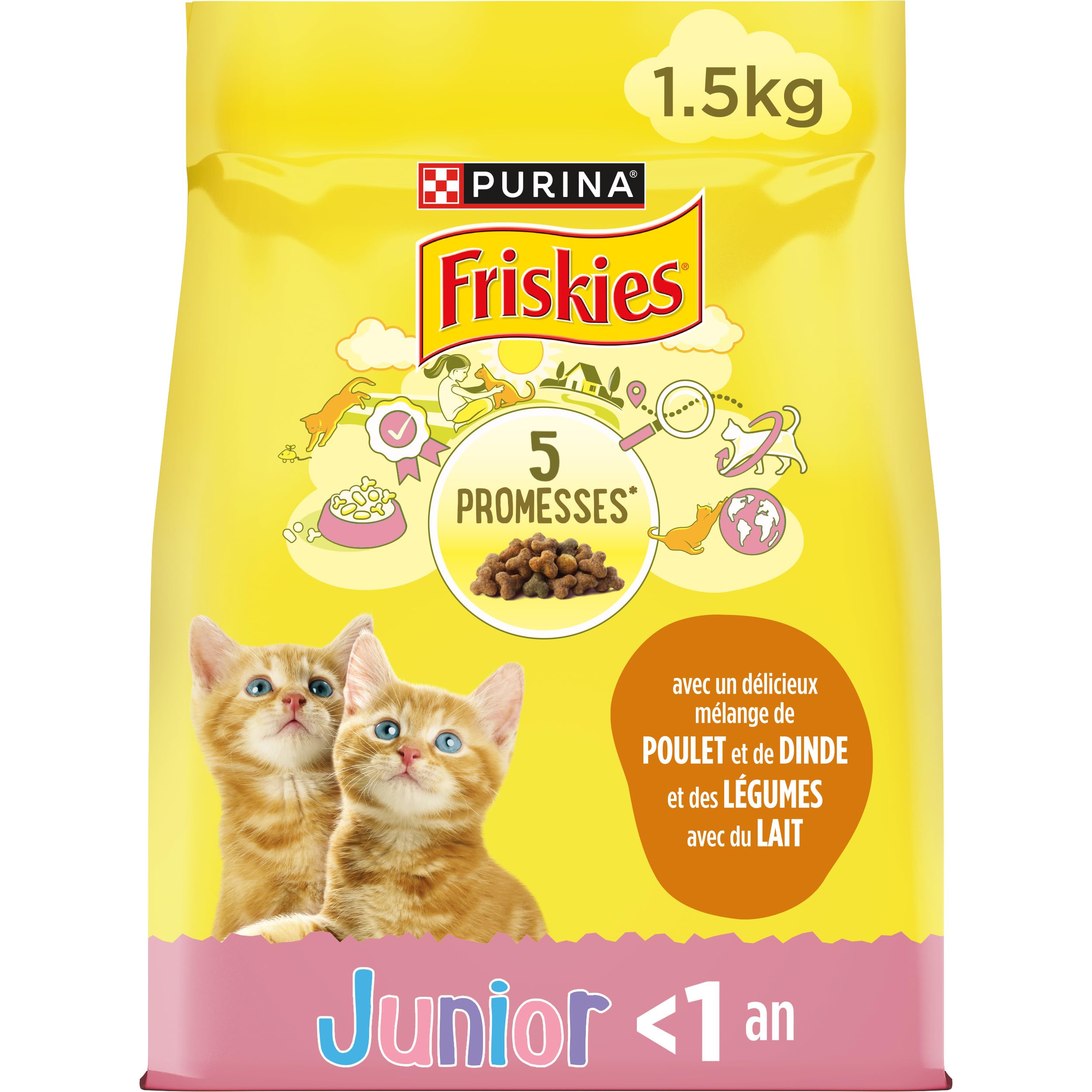 FRISKIES | Junior | Cat | Complete Kitten Kibble | Chicken, Milk and Vegetables | Complete Food for Healthy Kitten Growth | Bag | 1.5 kg - Image 1