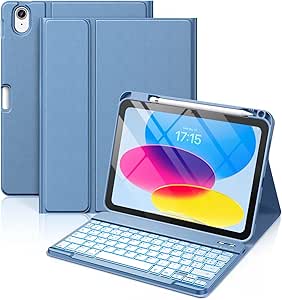Vobafe Keyboard Case for iPad A16 11/10 Generation (11 Inch 2025/10.9 Inch 2022), 7 Colors Backlit Keyboard Case with Pencil Holder, AZERTY Layout for iPad 10th/11th, Blue - Image 1
