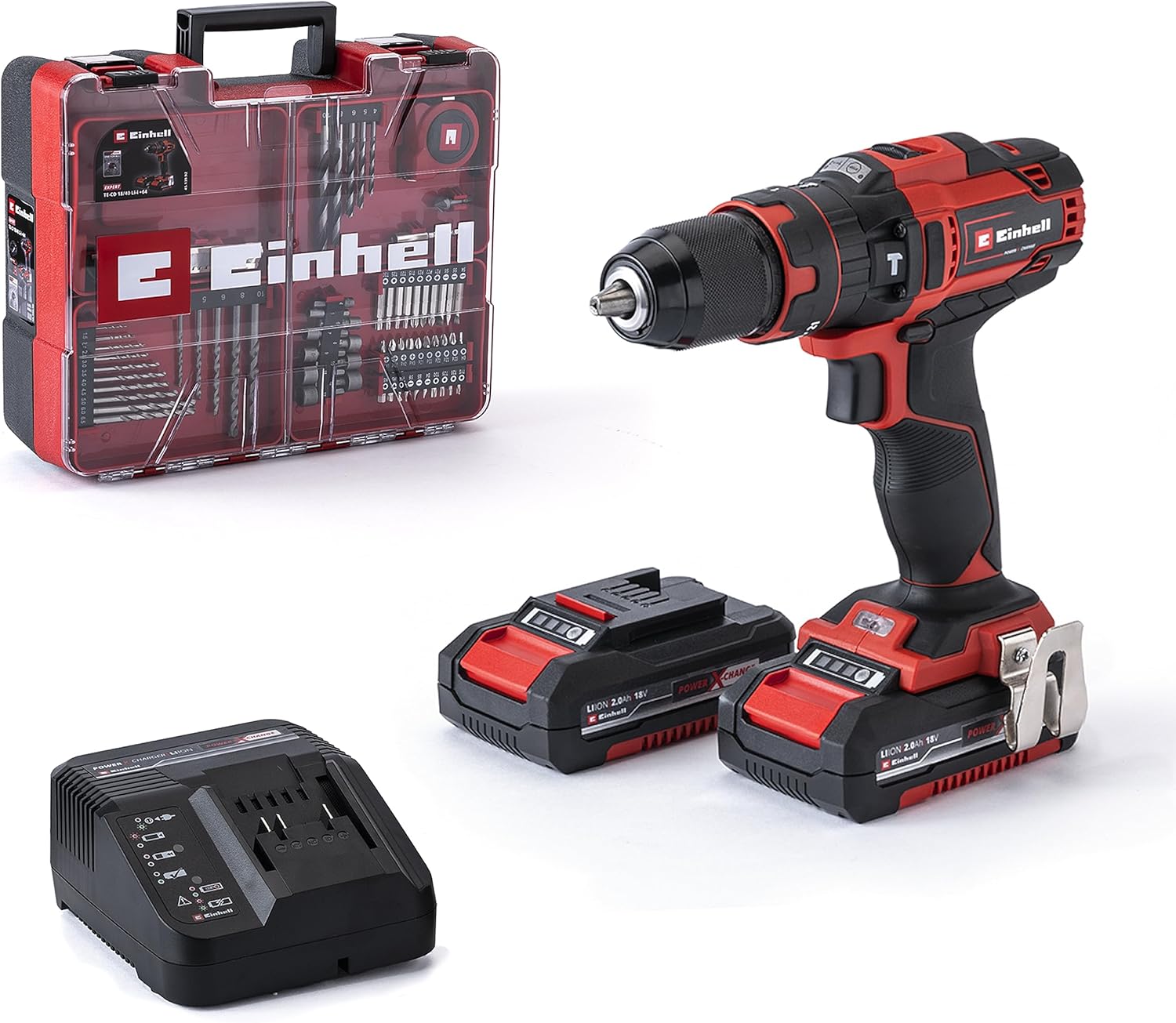 Einhell Perceuse Visseuse à percussion sans fil TE-CD 18/40 Li-i +64 (2x2,0 Ah) Power X-Change (Li-Ion, 18V, Couple 40 Nm) Livré avec 2 Batteries 2,0Ah, Chargeur et 64 Accessoires - Image 1