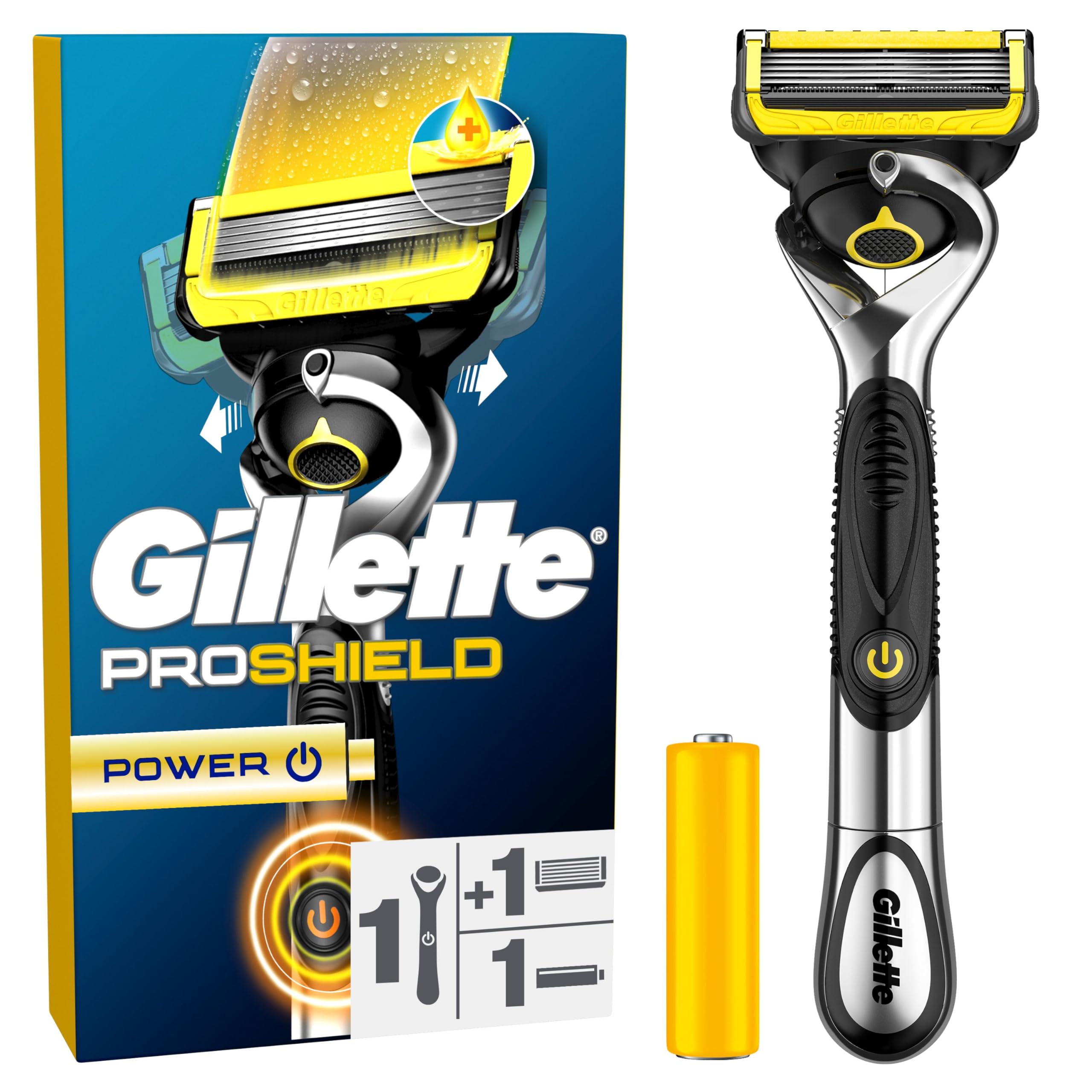 Gillette Proshield Power Men's Shaver, Reusable Handle And Refill Cartridge With 5 Ultra-Sharp Blades, New Lubricating Strip For Incredible Comfort And Close Shave - Image 1