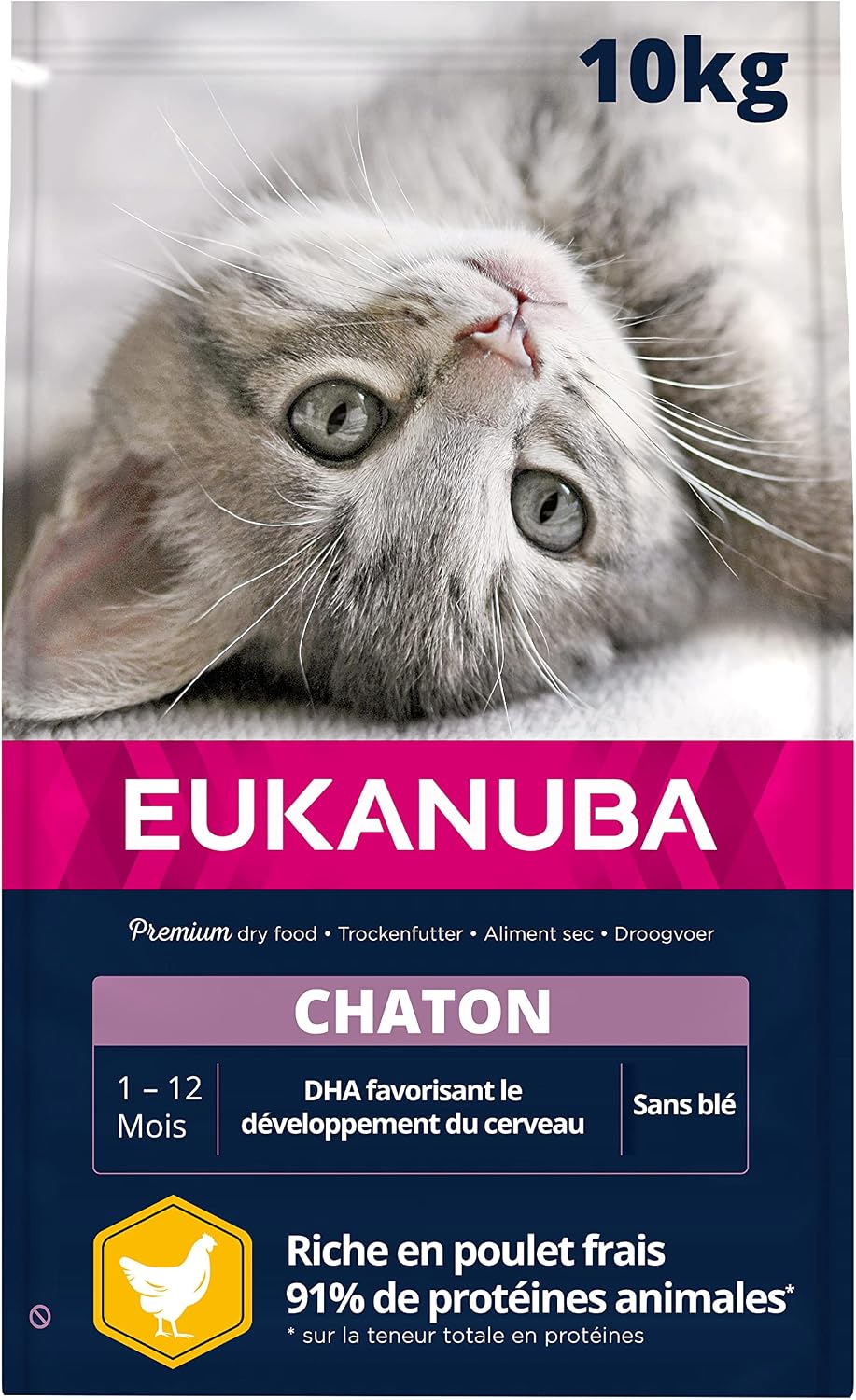 EUKANUBA - Premium Kitten Food – Rich in Fresh Chicken and Rice – Promotes Growth - 100% Complete and Balanced Food – DHA – Wheat Free – Non-GMO - Resealable Bag - 10kg - Image 1