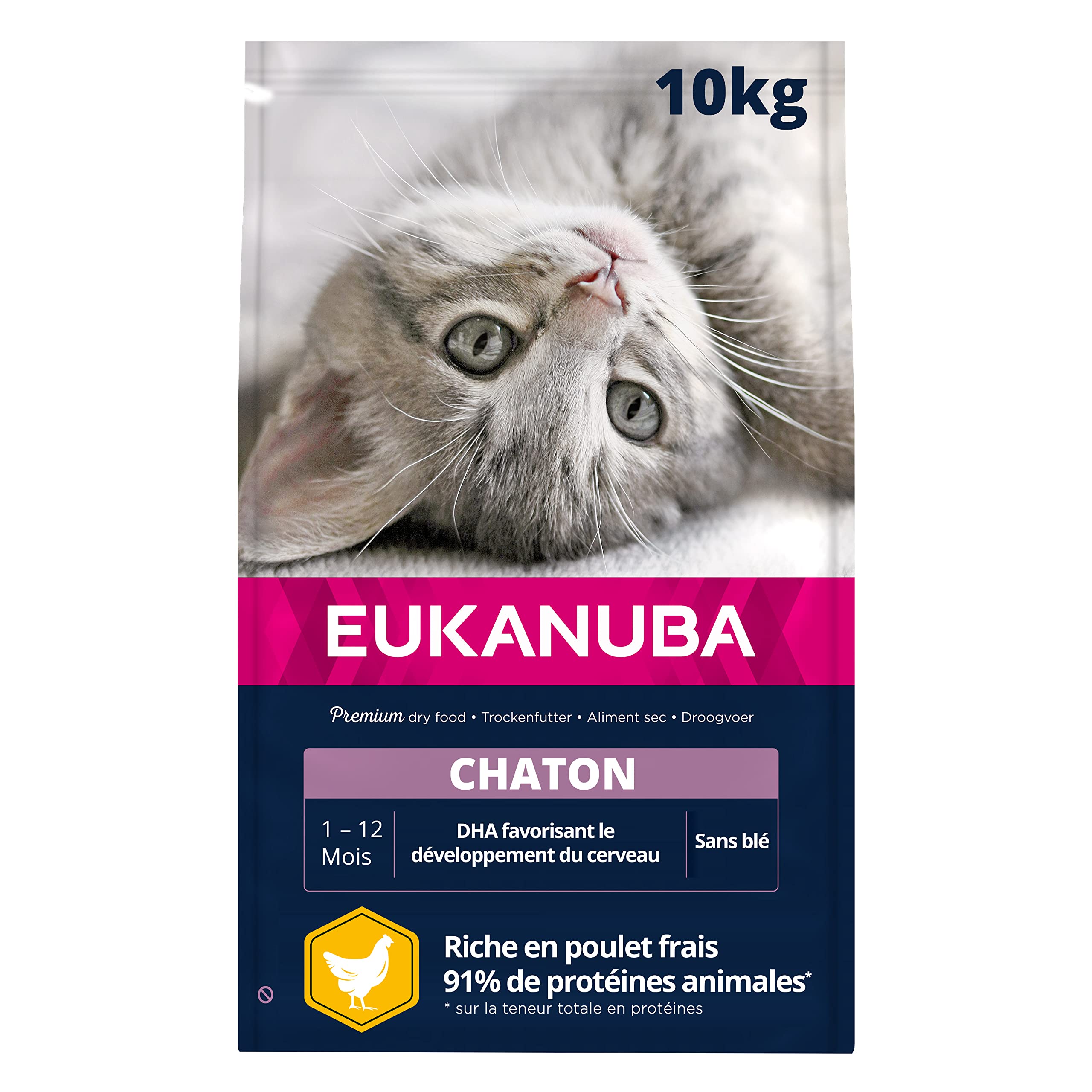 EUKANUBA - Premium Kitten Food – Rich in Fresh Chicken and Rice – Promotes Growth - 100% Complete and Balanced Food – DHA – Wheat Free – Non-GMO - Resealable Bag - 10kg - Image 1