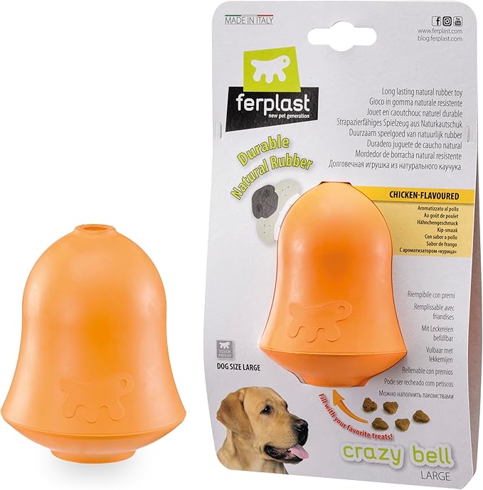 Ferplast Jouet Chien, Distributeur Croquettes ou Friandises, en Caoutchouc Naturel Durable à Mâcher, Arôme de poulet, Rebondissant, Lancer et rapporter, CRAZY BELL Jouets pour Grand Chien, Orange - Image 1