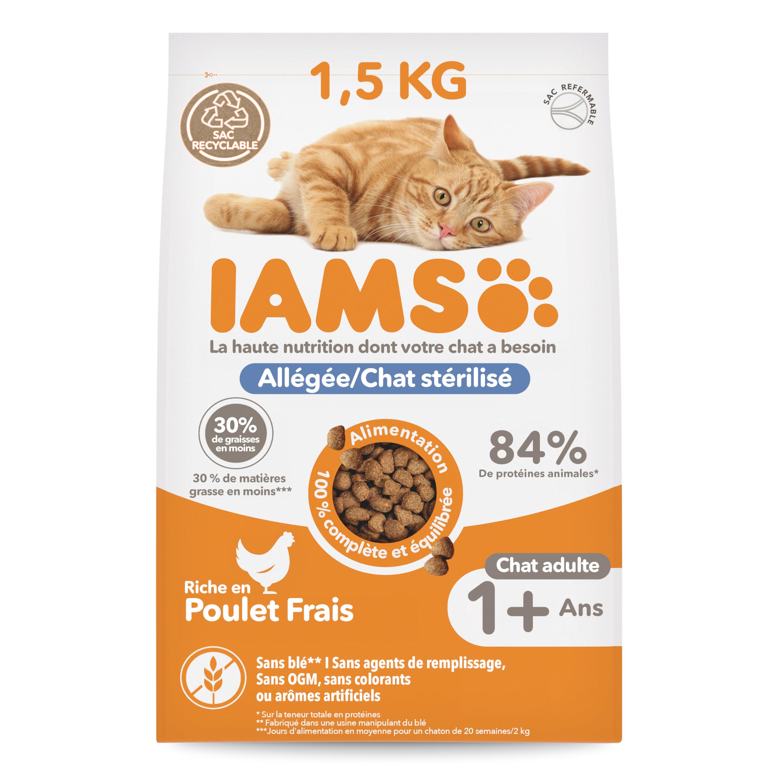 IAMS Advanced Nutrition - Lightweight Dry Food - Suitable for Sterilized Cats - Complete Balanced - Promotes Weight Control - Fresh Chicken - Non-GMO Artificial Flavour Colours - 1.5 kg - Image 1