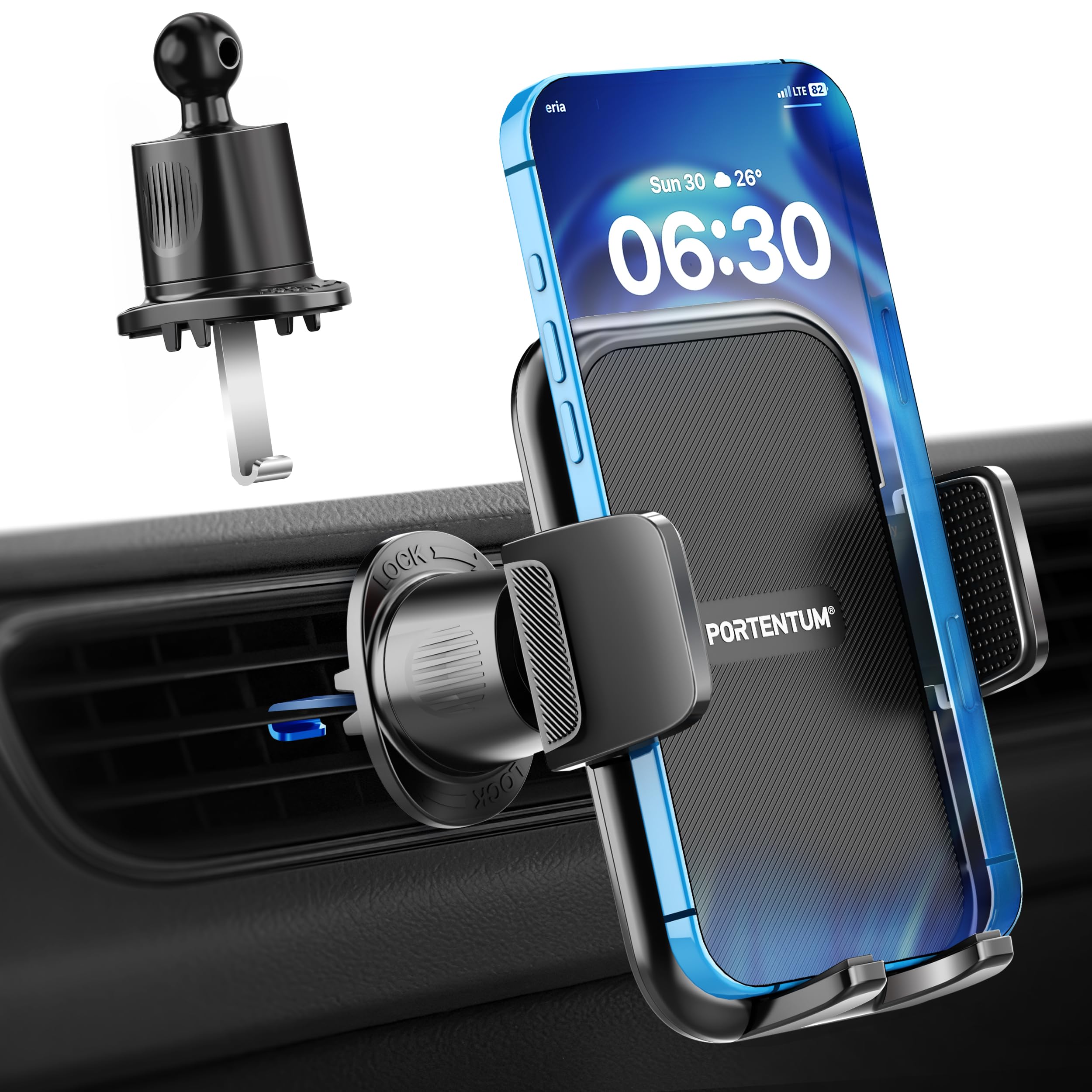 PORTENTUM Car Phone Holder for Air Vent with Hook – New Version 2026 – Triple Anchor System – 360° Rotatable Rotation – Compatible with All Mobile Phones 4 to 7.5 Inches - Image 1