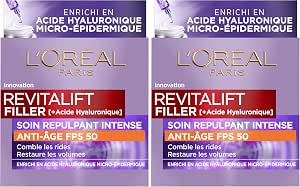 L'Oréal Paris - Intense Plumping Cream SPF 50 - Hyaluronic Acid Day Cream with UV Protection - Wrinkles & Fine Lines - For All Skin Types - Revitalift Filler - 50 ml (Pack of 2) - Image 1