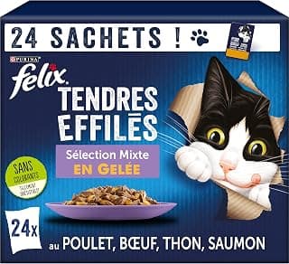 FELIX | Tendres Effilés | Chat Adulte | En Gelée | Alimentation complète | Sélection Mixte : au Bœuf, Poulet, Thon et Saumon | Sachets Fraîcheurs | Lot de 4 (24x85g)