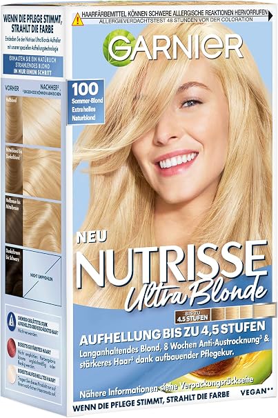 Garnier Nutrisse Cream N°100 Extra Light Natural Blonde Permanent Care with Nourishing Fruit Oils 100% White Hair Coverage - Image 1