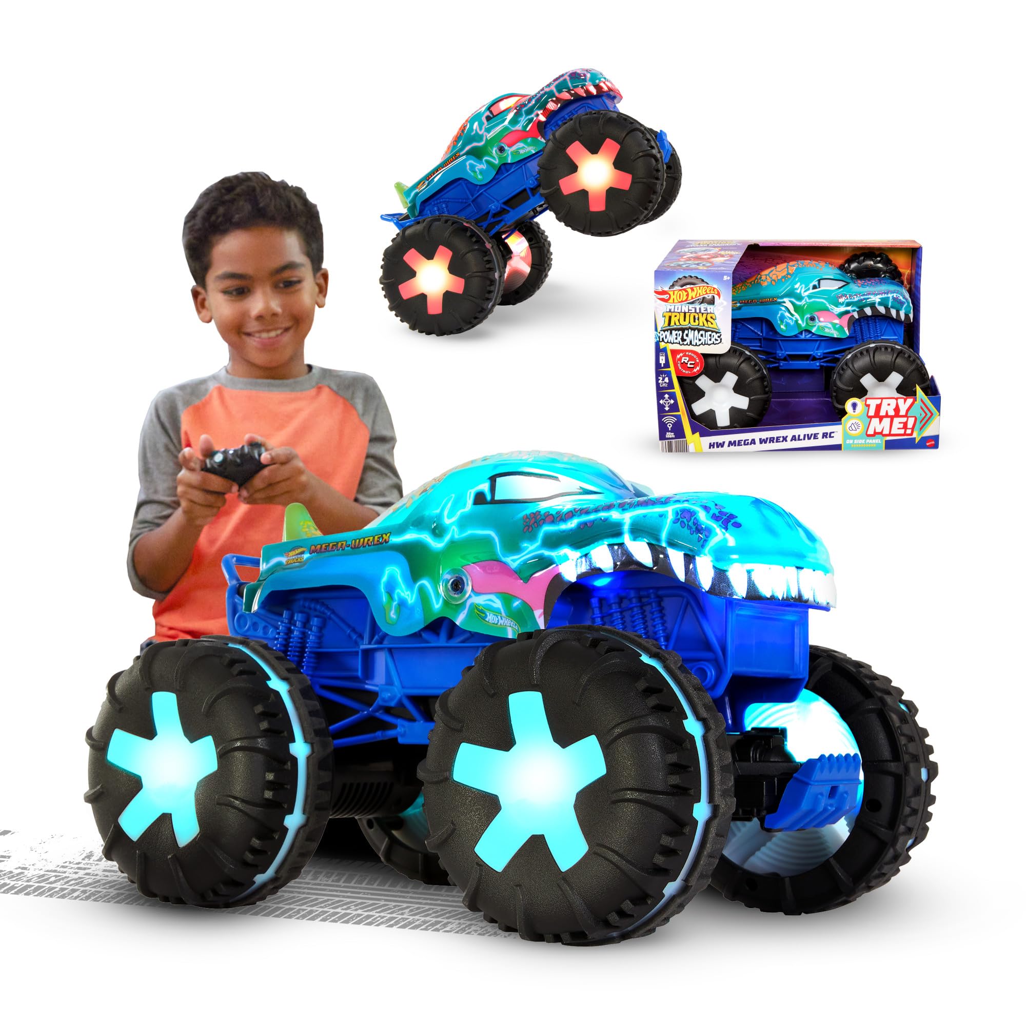 Hot Wheels Monster Trucks - Remote Control Car, Mega-Wrex 1:15 Scale Large Remote Control Vehicle with 3 Remote Control Game Modes and Interactive Sound and Light Effects, JBD90 - Image 1
