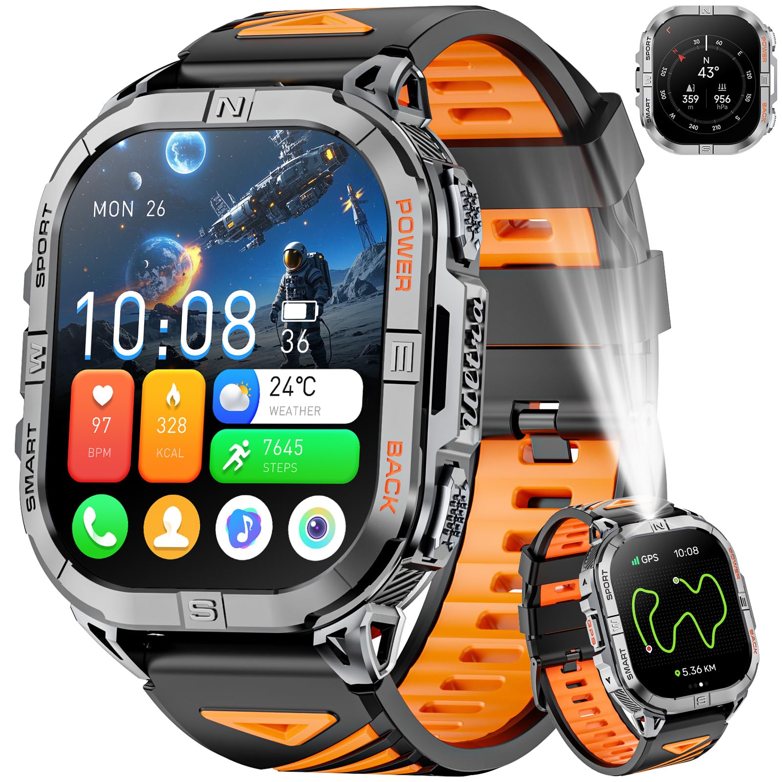 GPS Men's Smart Watch, 2.13 Inch AMOLED Military Smartwatch with LED Torch/Compass/100+ Sports Modes/580 mAh Battery/Health Monitoring/Bluetooth Calls for Android iOS (Black) - Image 1