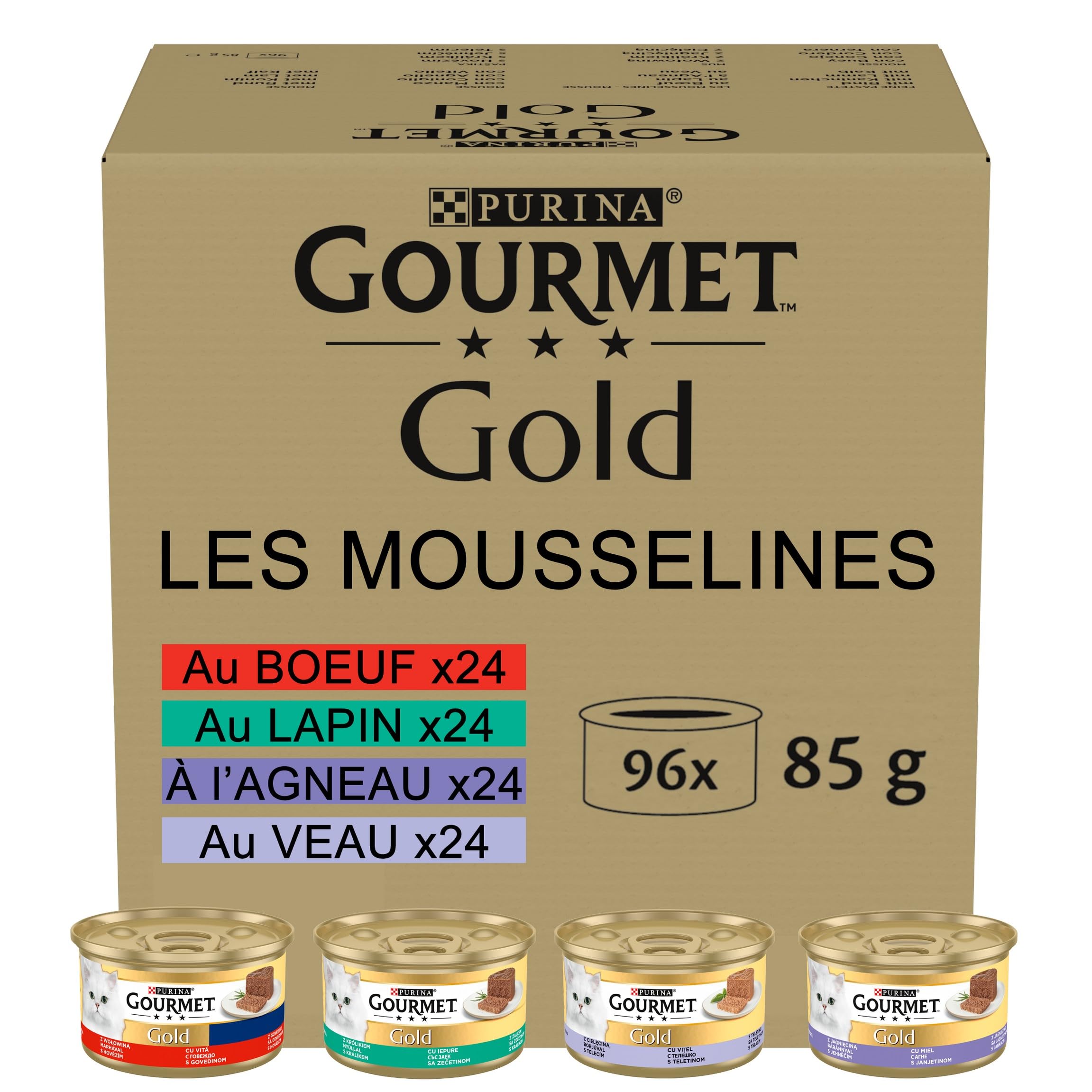 GOURMET | GOLD | Muslin | Cat | Rabbit, Beef, Veal, Lamb | Single Servings | Boxes | 96 x 85g - Image 1