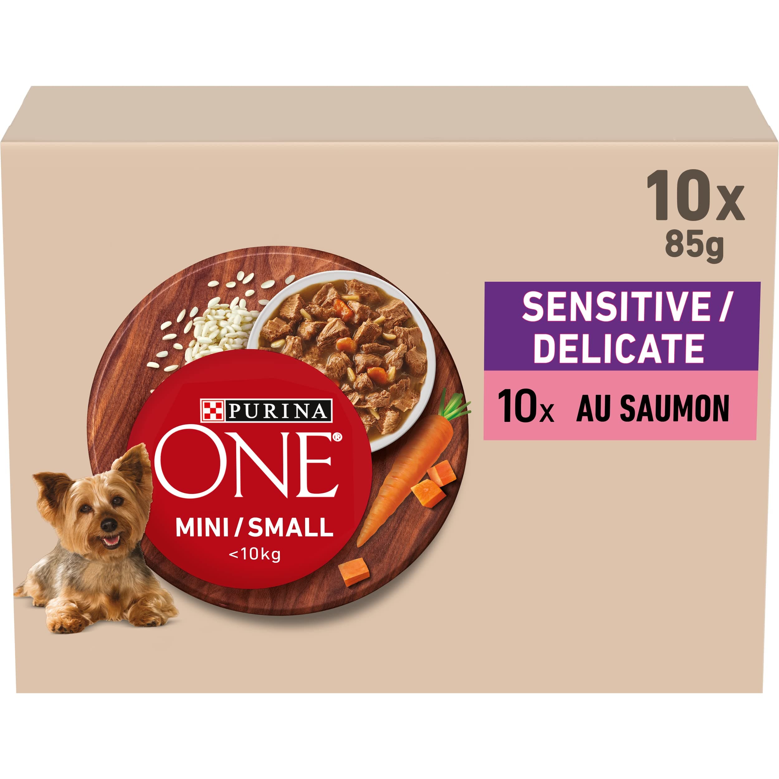 PURINA ONE Mini/S <10kg Sensitive/Delicate, Tapered Salmon, Rice and Carrot in Sauce for Small Adult Dogs| Sensitive Digestion Meal Bags 10x85g