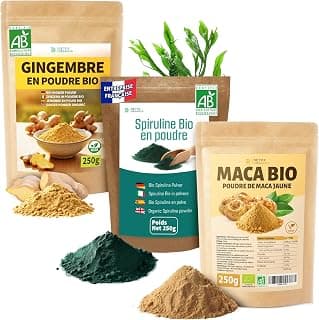 DETOX ORGANICA Spiruline, Maca Jaune et Gingembre - Lot de 3 Sachets Refermables Format 250g - Poudre prête à l'emploi - Cure Naturelle Énergie, Vitalité, Endurance et Performance - 100% Naturelle