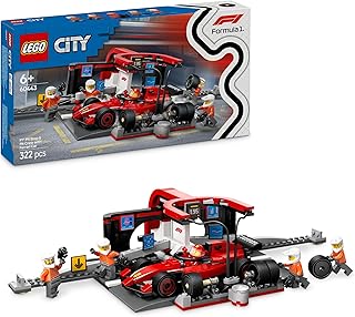 City F1 Stand Stop with Ferrari Car - Formula 1 Building Game with Pit Stop, Driver Minifigure & 4 Mechanics - Birthday Gift for Mechanical Enthusiasts 60443 - Image 1