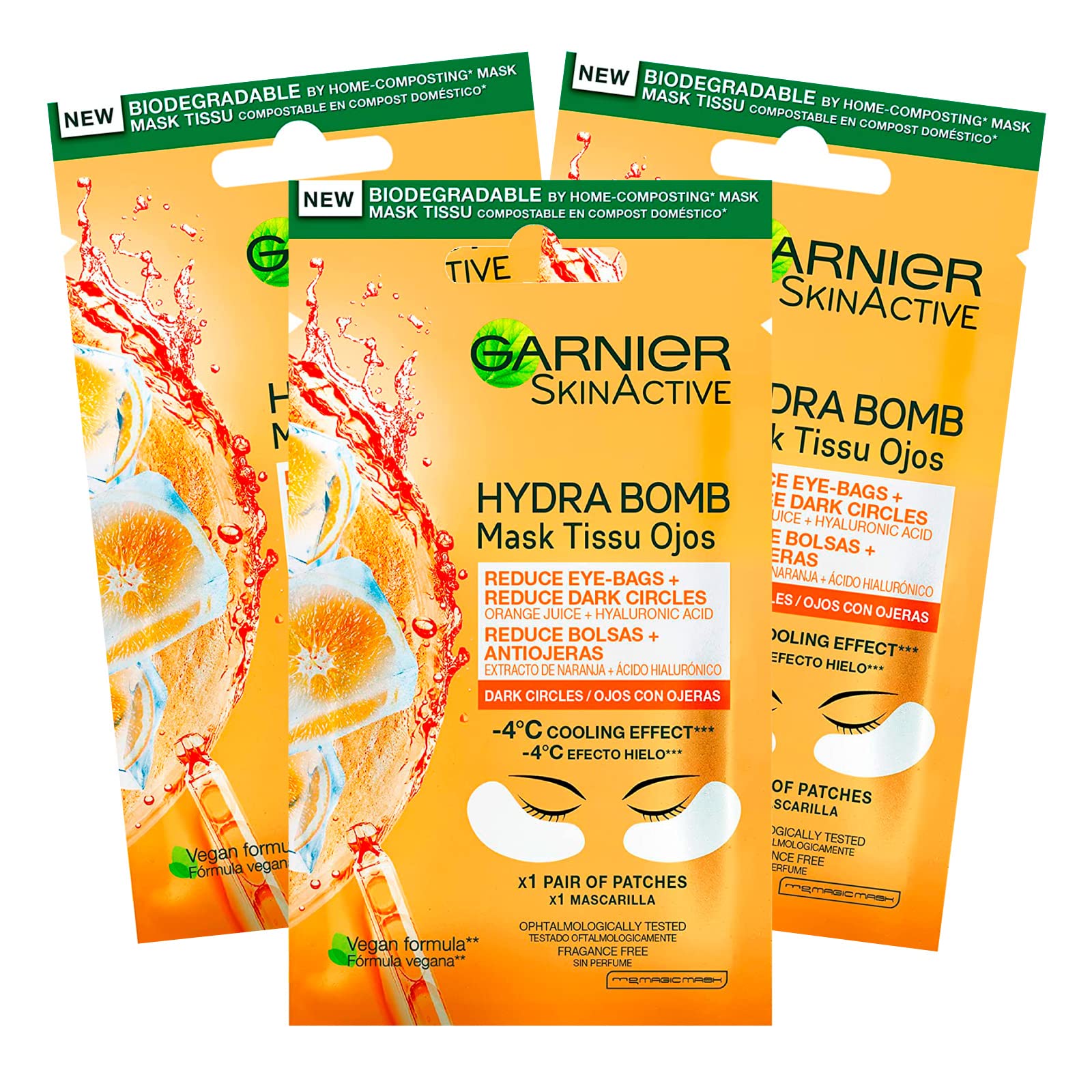 Garnier SkinActive Anti-Fatigue Eye Mask with Orange Juice and Hyaluronic Acid for Dull and Tired Eyes – 3 Packs of 1 Application - Image 1