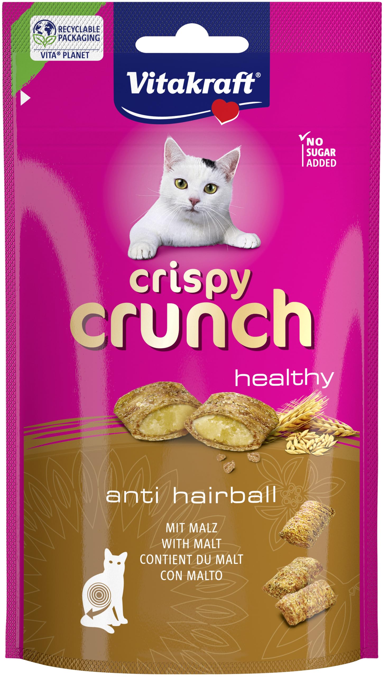 Vitakraft Crispy Crunch Classic, Cat Treats, Crispy Malt Snack, Resealable Bag, No Added Sugar (1x 60g) - Image 1