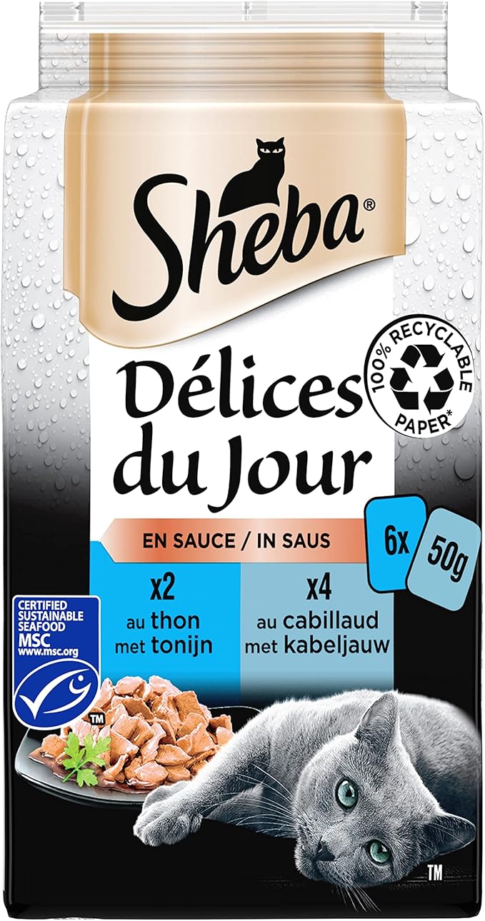Sheba Délices du jour - Freshness Sachets for Adult Cats, Fish Selection in Sauce, 6 x 50g Lunch Bags - Image 1