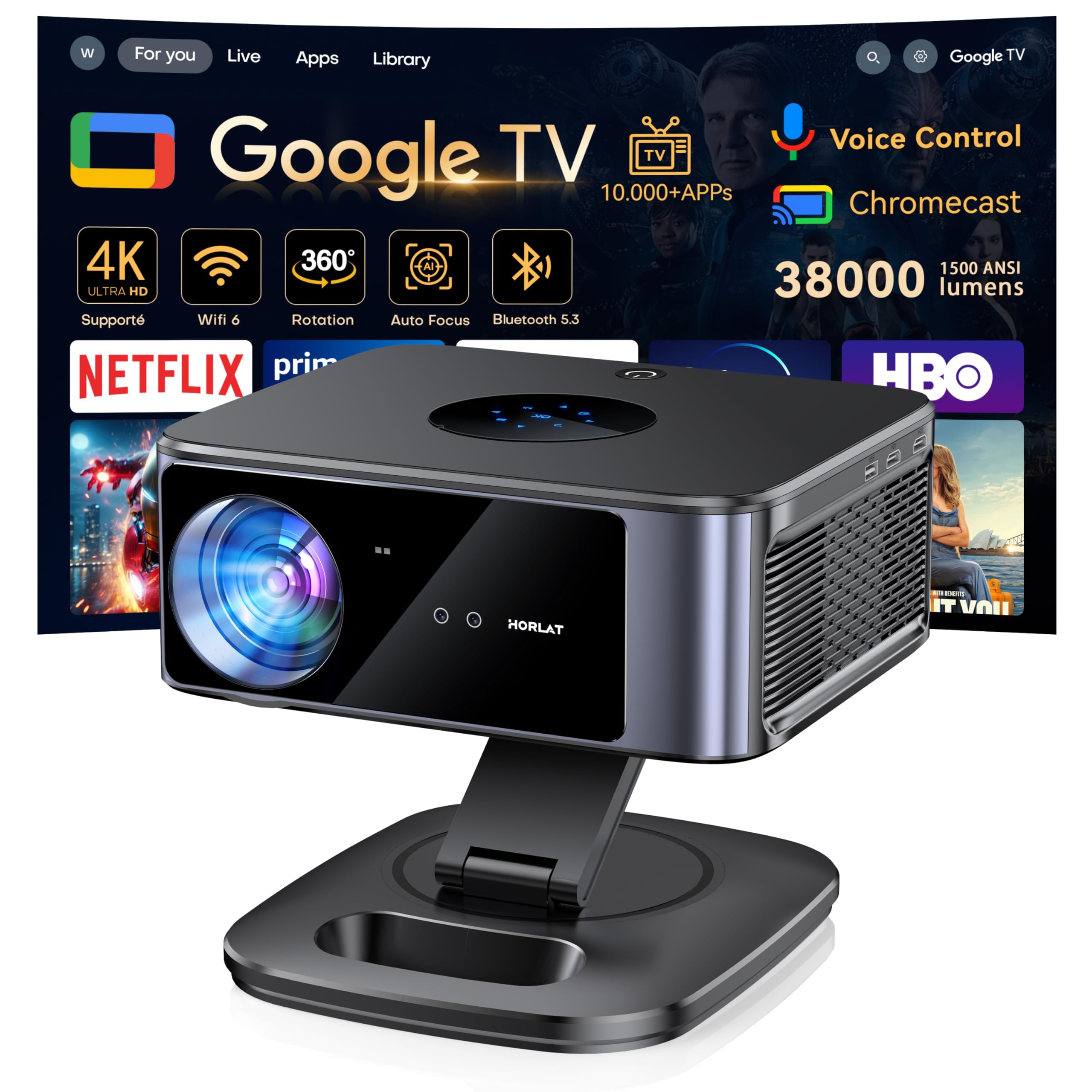 Horlat Google TV Projector 【38000 Lumens/Official Netflix /360° Rotatio】- Video Projector 4K Supported, Voice Control, WiFi 6 Bluetooth5.3, HDR10, Home Cinema/Outdoor Overhead Projector - Image 1