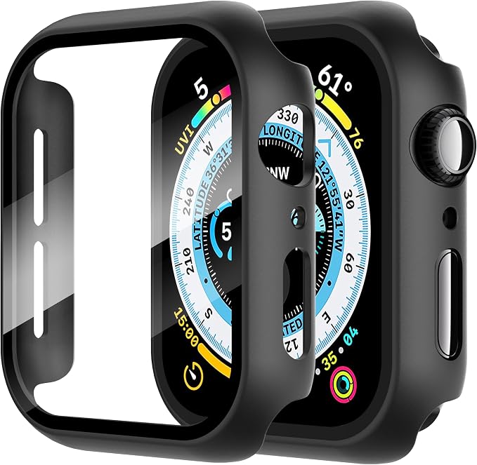Diruite 2 Pieces Case for Apple Watch SE 3/2/1 /Series 6 5 4 44 mm Hard PC Material Ultra Thin Tempered Glass Screen Case, Black, 44 mm - Image 1